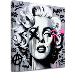 Slika na platnu z motivom Marilyn Monroe v pop art slogu – 3D prikaz platna z vidnim lesenim okvirjem, Papilora.