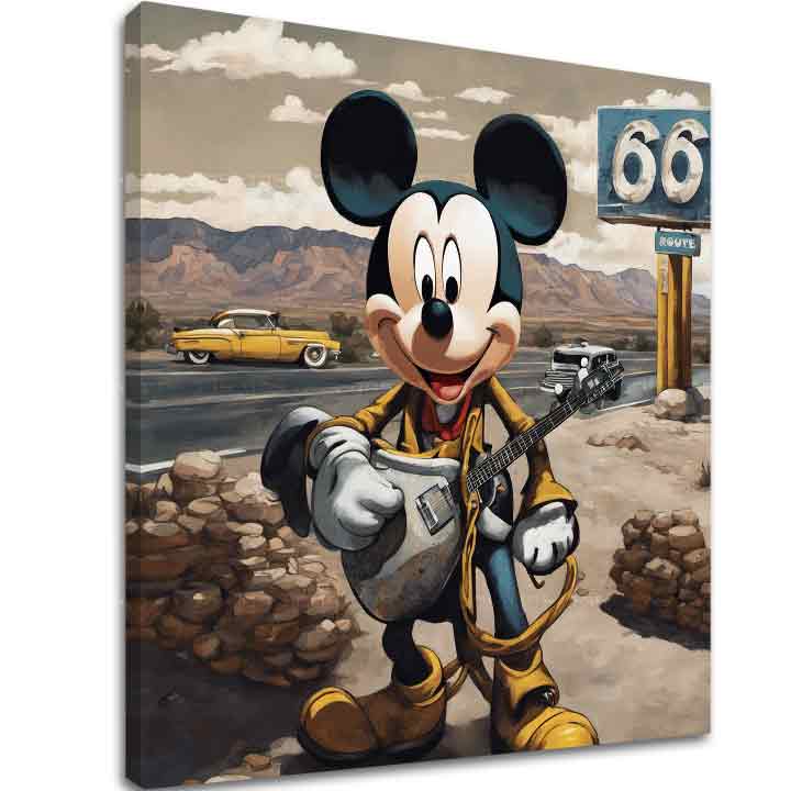 Slika na platnu z motivom Miki Miška z kitaro na Route 66 – 3D prikaz platna z vidnim lesenim okvirjem, Papilora.