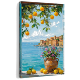 Slika pogled na sredozemsko obalo z limonami na platnu – 3D vizualizacija canvasa z vidnim lesenim okvirjem, Papilora Premium Art.