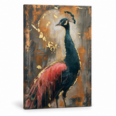 3D vizualizacija platna z motivom pava v profilu, prikazan lesen podokvir in kakovostna izdelava Papilora Premium Art.