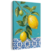 Slika z motivom limon na platnu – 3D vizualizacija canvasa z vidnim lesenim okvirjem, Papilora Premium Art.
