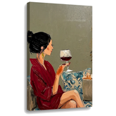 Slika ženske s kozarcem vina na platnu – 3D vizualizacija z vidnim lesenim podokvirjem, Papilora Premium Art.