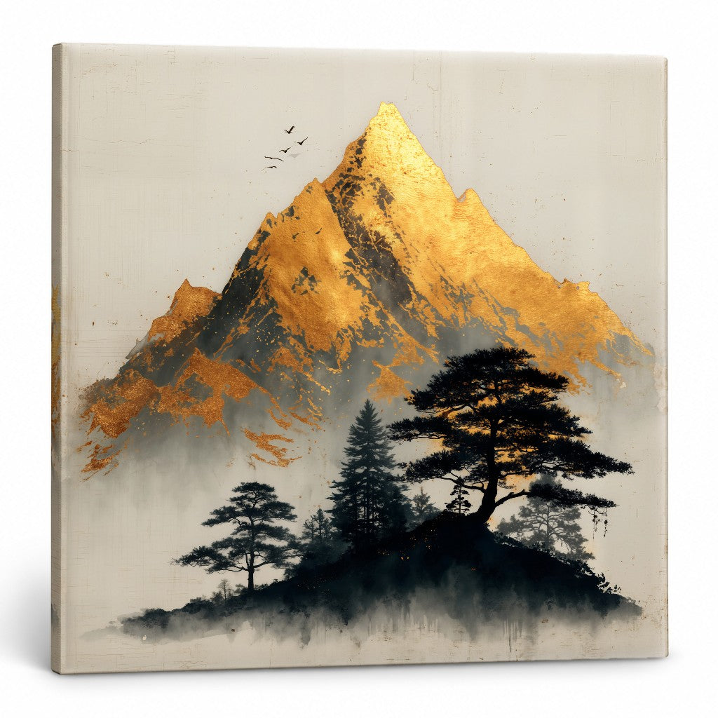 Slika zlate gore z borovci na platnu