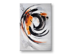 Ročno poslikana slika na platnu z motivom abstraktne črne in oranžne spirale – podroben pregled kompozicije, Papilora.