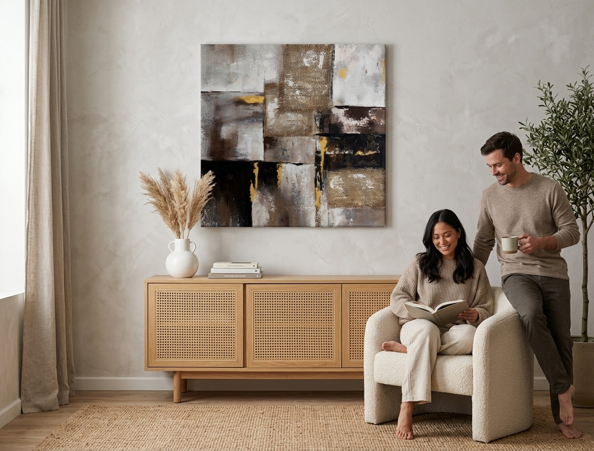 Poslikana slika za steno ABSTRAKT 70x70 cm – ročno poslikana slika v elegantnem interierju (Mid-century warm) | wall mockup | premium platno | Papilora.sk
