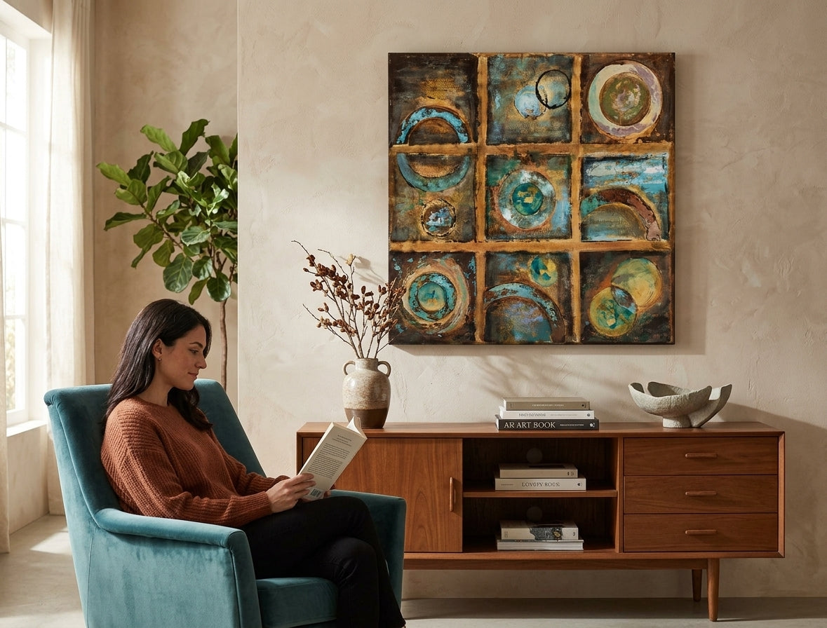 Poslikana slika za steno ABSTRAKT 70x70 cm – ročno poslikana slika v elegantnem interjerju (Modern coastal) | wall mockup | premium platno | Papilora.sk