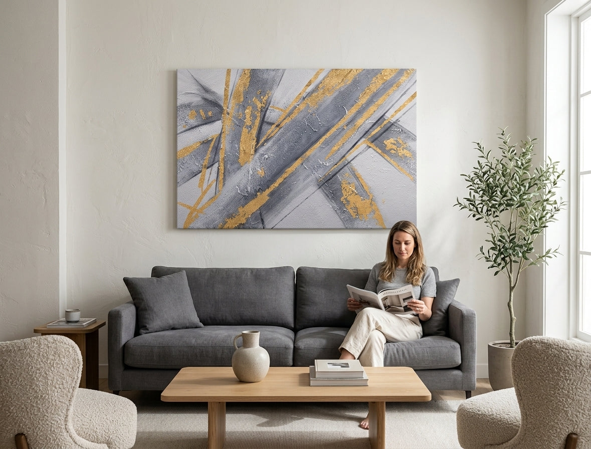 Poslikana slika na steni ABSTRAKT 90x60 cm – ročno poslikana slika v elegantnem interjerju (Scandi cream) | wall mockup | premium platno | Papilora.sk