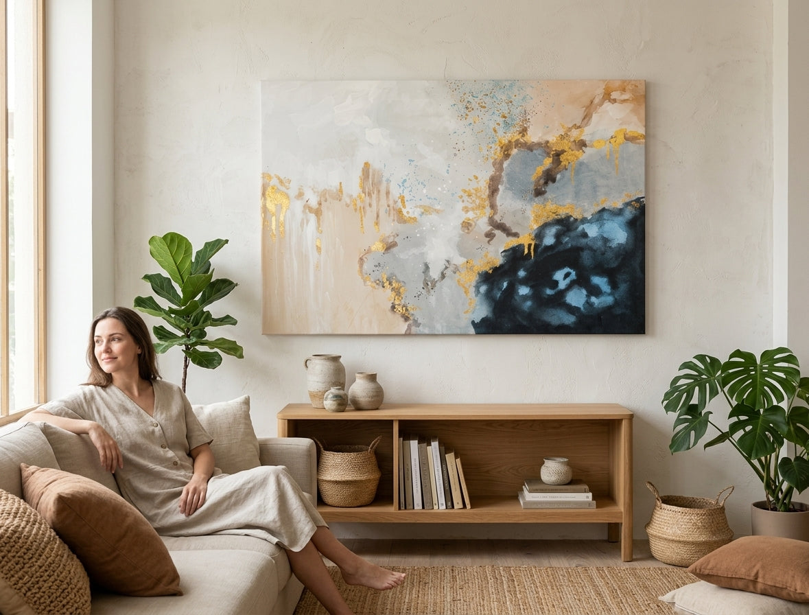 Poslikana slika za steno ABSTRAKT 90x60 cm – ročno poslikana slika v elegantnem interierju (Scandi cream) | wall mockup | premium platno | Papilora.sk