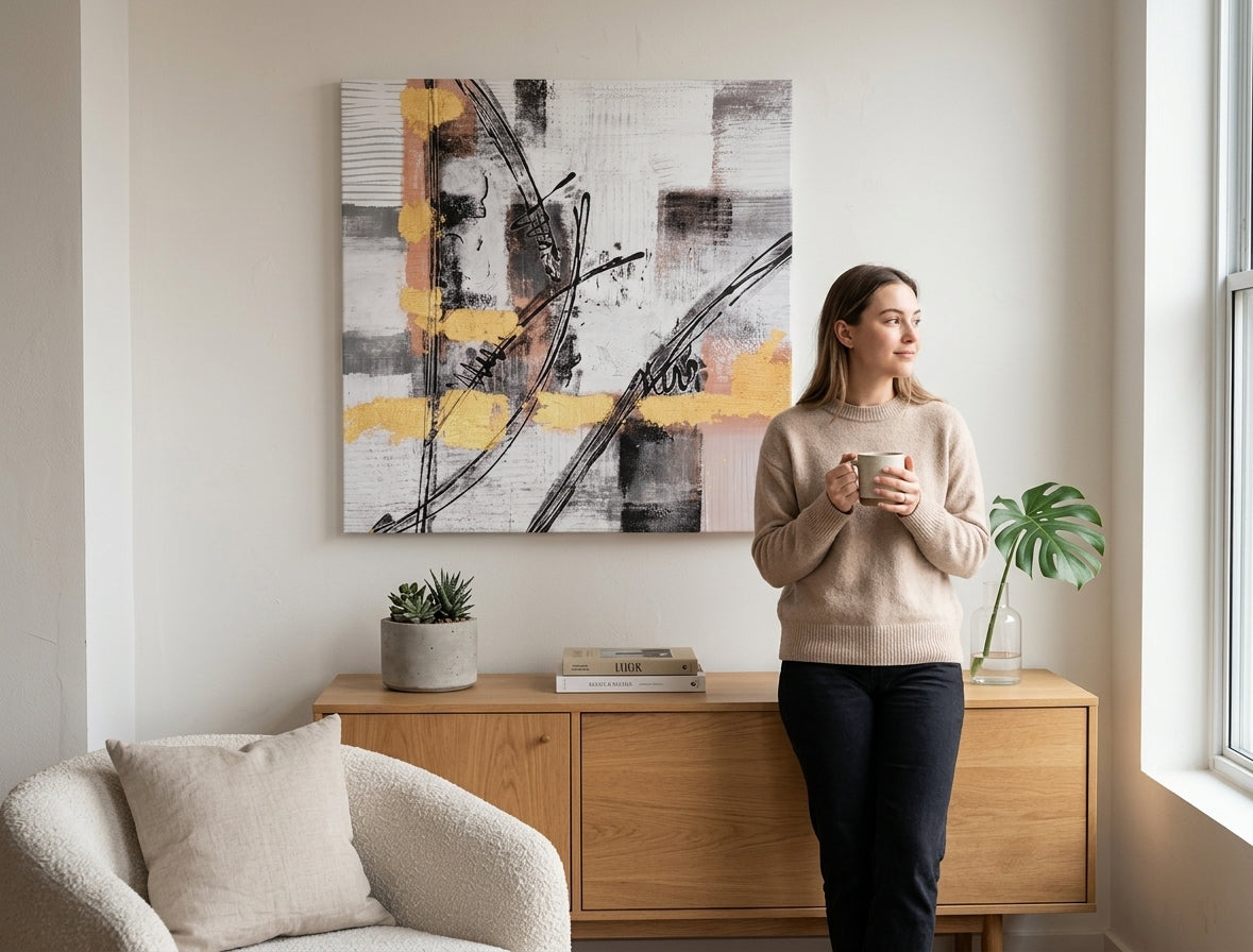 Poslikana slika za steno ABSTRAKT 60x60 cm – ročno poslikana slika v elegantnem interierju (Bohemian warm) | wall mockup | premium platno | Papilora.sk