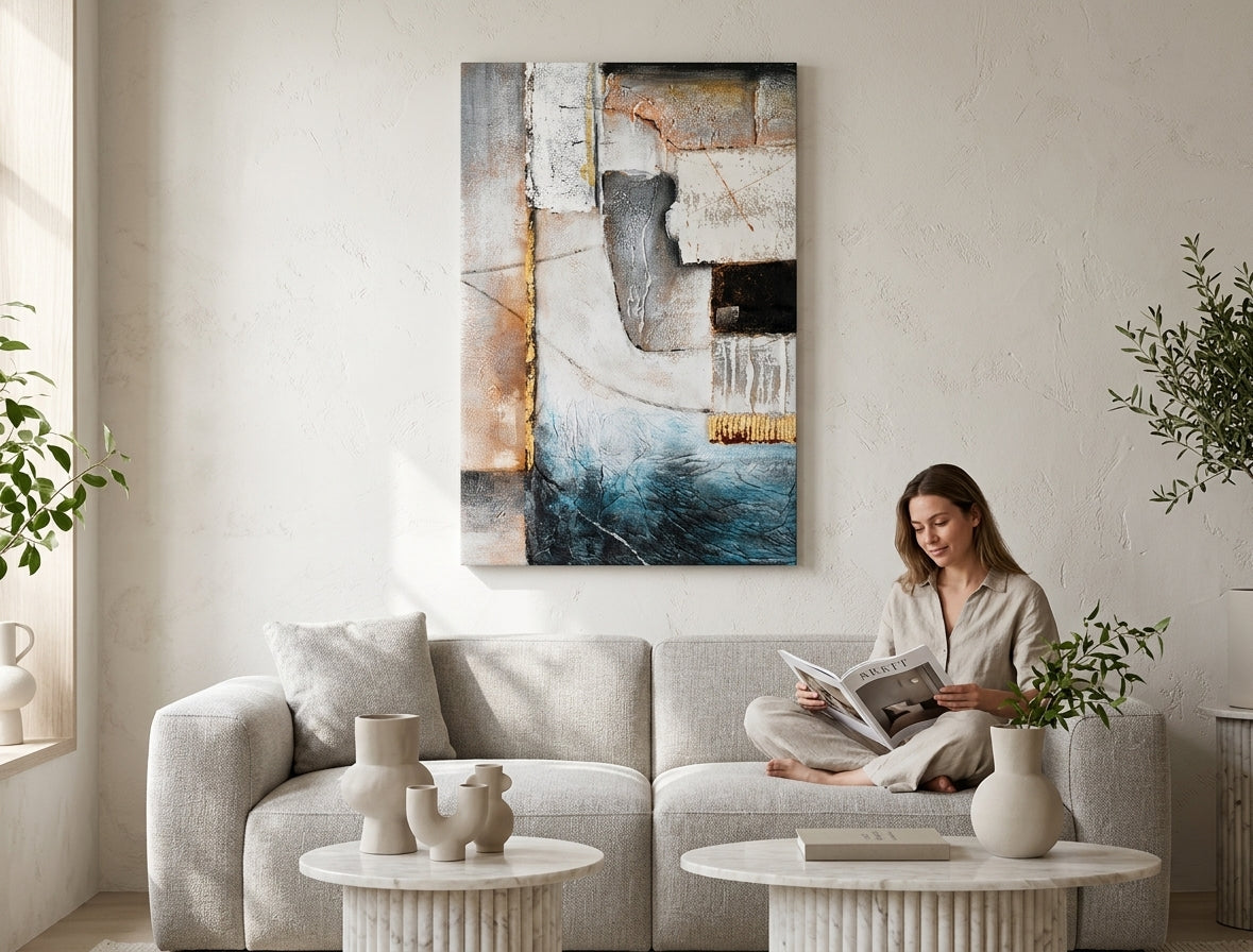 Poslikana slika za steno ABSTRAKT 80x120 cm – ročno poslikana slika v elegantnem interierju (Scandi cream) | wall mockup | premium platno | Papilora.sk