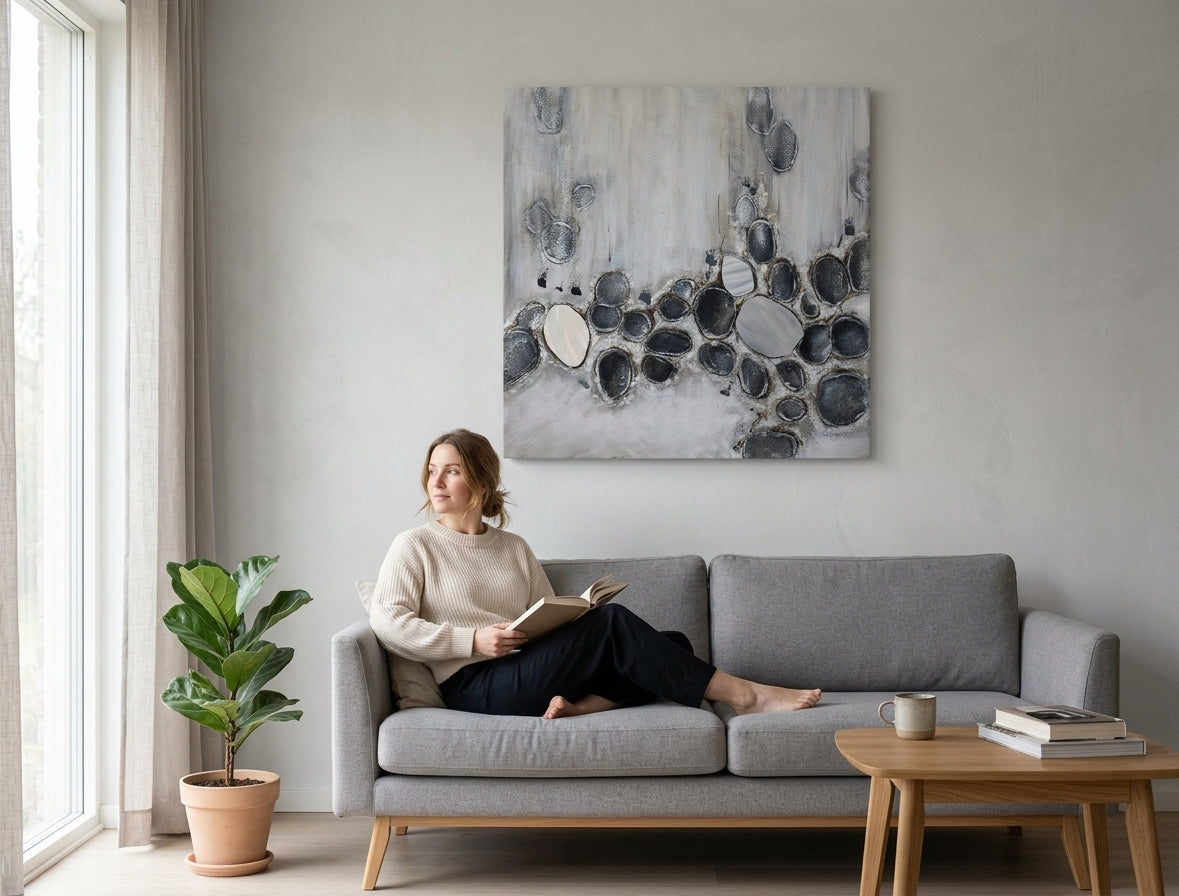 Poslikana slika za steno ABSTRAKT 100x100 cm – ročno poslikana slika v elegantnem interjerju (Golden hour luxe) | wall mockup | premium platno | Papilora.sk