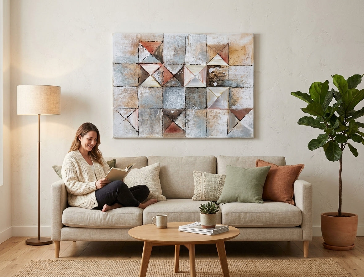 Poslikana slika na steno ABSTRAKT 80x60 cm – ročno poslikana slika v elegantnem interierju (Mid-century warm) | wall mockup | premium platno | Papilora.sk