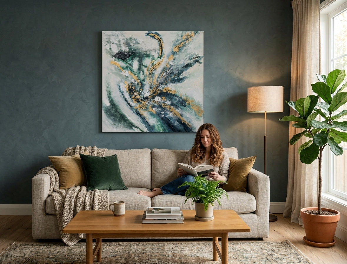 Poslikana slika na steno ABSTRAKT 100x100 cm – ročno poslikana slika v elegantnem interjerju (Mid-century warm) | wall mockup | premium platno | Papilora.sk