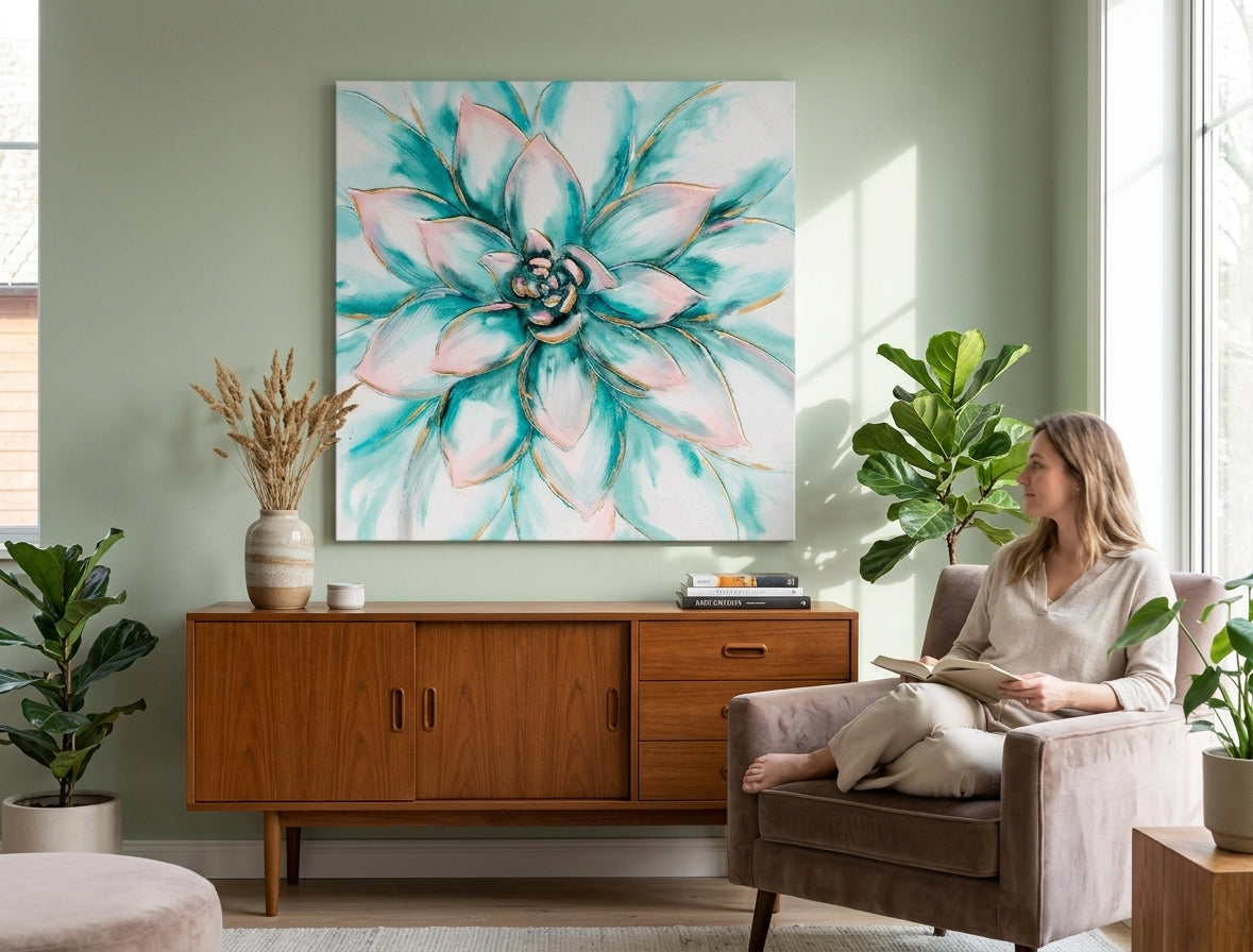 Poslikana slika za steno ROŽE 70x70 cm – ročno poslikana slika v elegantnem interjerju (Mid-century warm) | wall mockup | premium canvas | Papilora.sk
