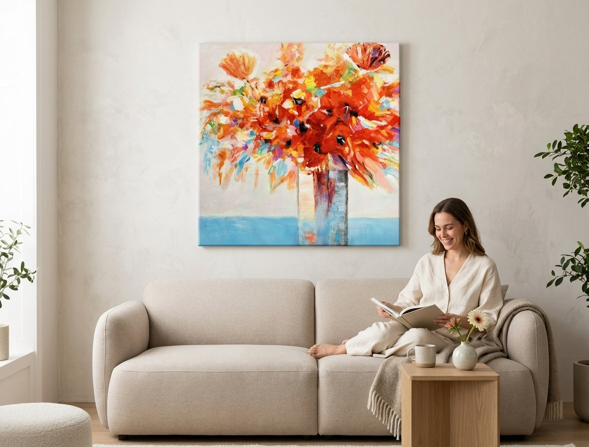 Poslikana slika za steno CVETJE V VAZI 70x70 cm – ročno poslikana slika v elegantnem interierju (Bohemian warm) | wall mockup | premium platno | Papilora.si