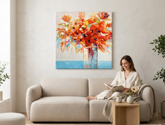 Poslikana slika za steno CVETJE V VAZI 70x70 cm – ročno poslikana slika v elegantnem interierju (Bohemian warm) | wall mockup | premium platno | Papilora.si