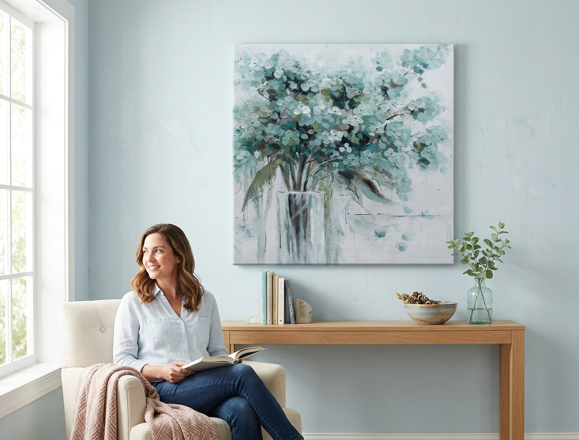 Poslikana slika na steni ROŽE V VAZI 70x70 cm – ročno poslikana slika v elegantnem interierju (Scandi cream) | wall mockup | premium canvas | Papilora.sk