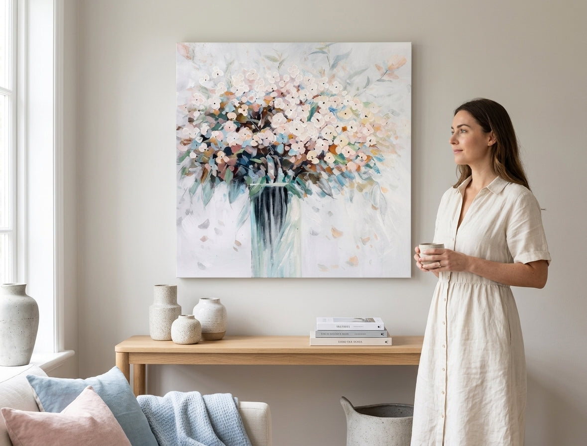 Poslikana slika za steno ROŽE V VAZI 70x70 cm – ročno poslikana slika v elegantnem interierju (Golden hour luxe) | wall mockup | premium platno | Papilora.sk