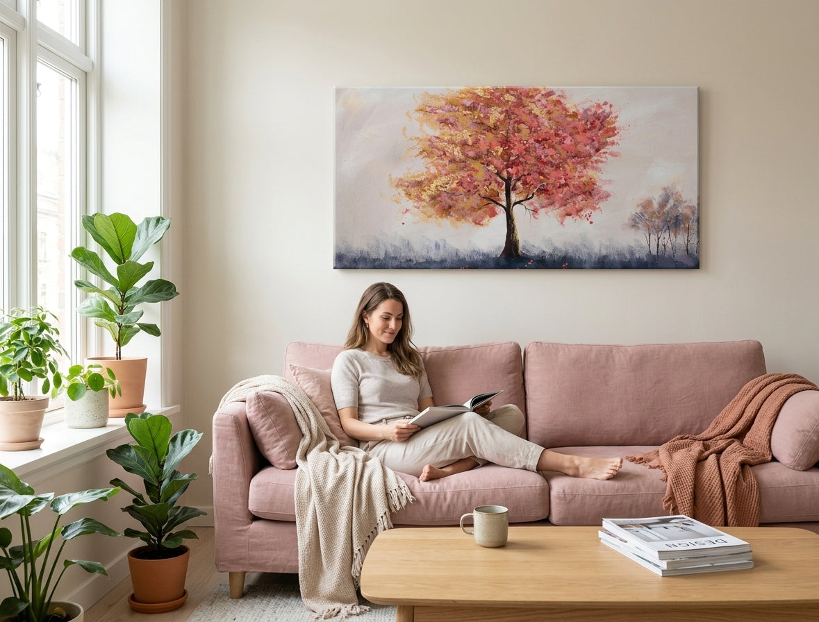 Poslikana slika za steno DREVESA 100x50 cm – ročno poslikana slika v elegantni notranjosti (Window reading) | wall mockup | premium canvas | Papilora.sk