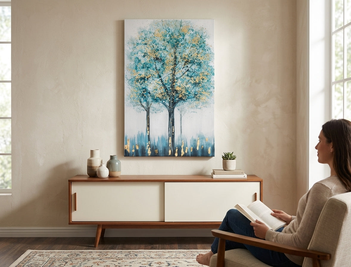 Poslikana slika za steno DREVESA 80x120 cm – ročno poslikana slika v elegantnem interierju (Scandi nevtralno) | wall mockup | premium canvas | Papilora.sk