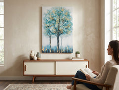 Poslikana slika za steno DREVESA 80x120 cm – ročno poslikana slika v elegantnem interierju (Scandi nevtralno) | wall mockup | premium canvas | Papilora.sk