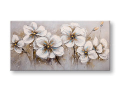 Ročno poslikana slika na platnu z motivom bele rože na sivi podlagi – podroben pregled kompozicije, Papilora.