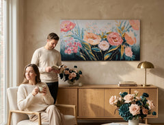 Poslikana slika za steno ROŽE 100x50 cm – ročno poslikana slika v elegantnem interierju (Mid-century warm) | wall mockup | premium canvas | Papilora.sk
