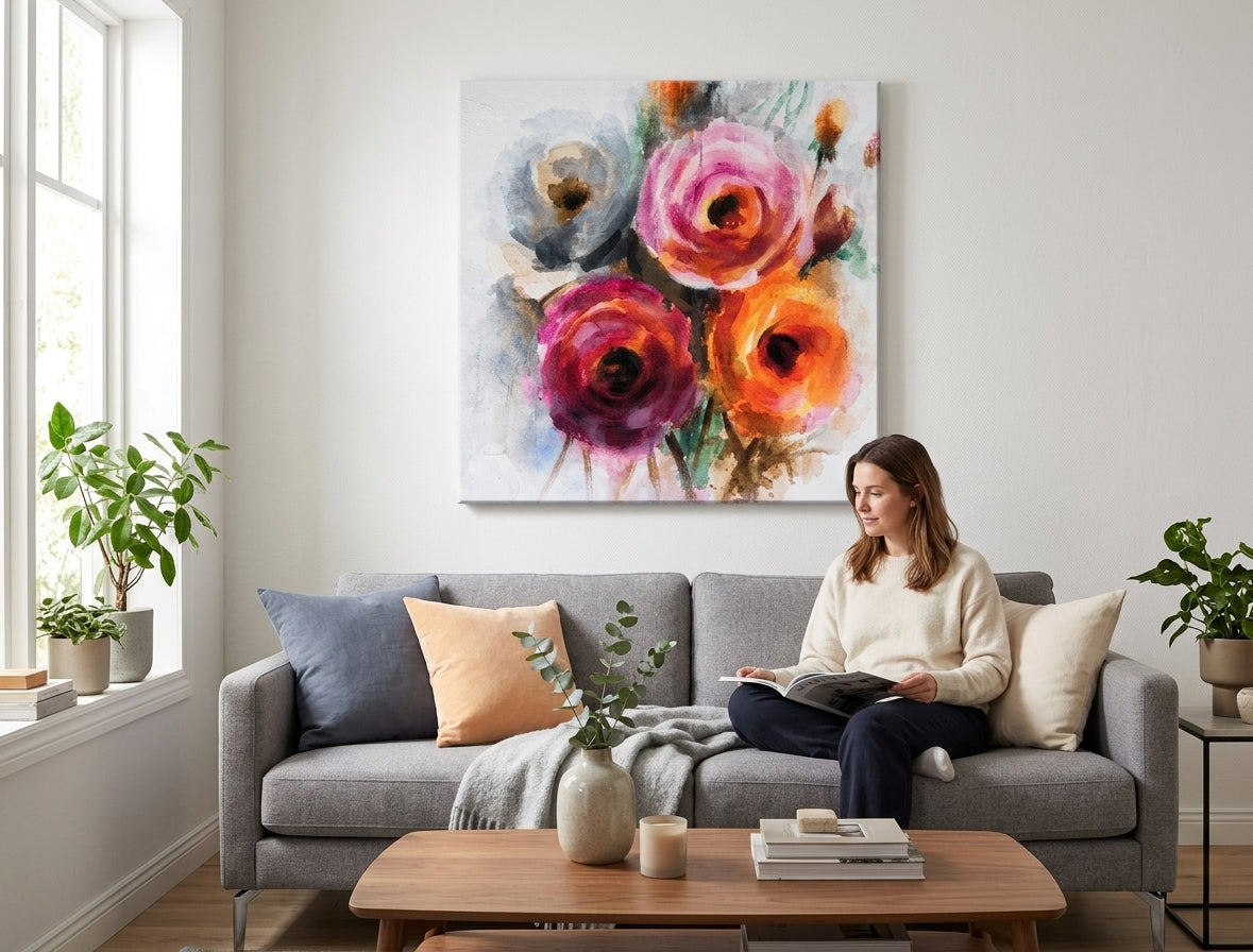 Poslikana slika za steno ROŽE 70x70 cm – ročno poslikana slika v elegantnem interierju (Mid-century warm) | wall mockup | premium platno | Papilora.sk