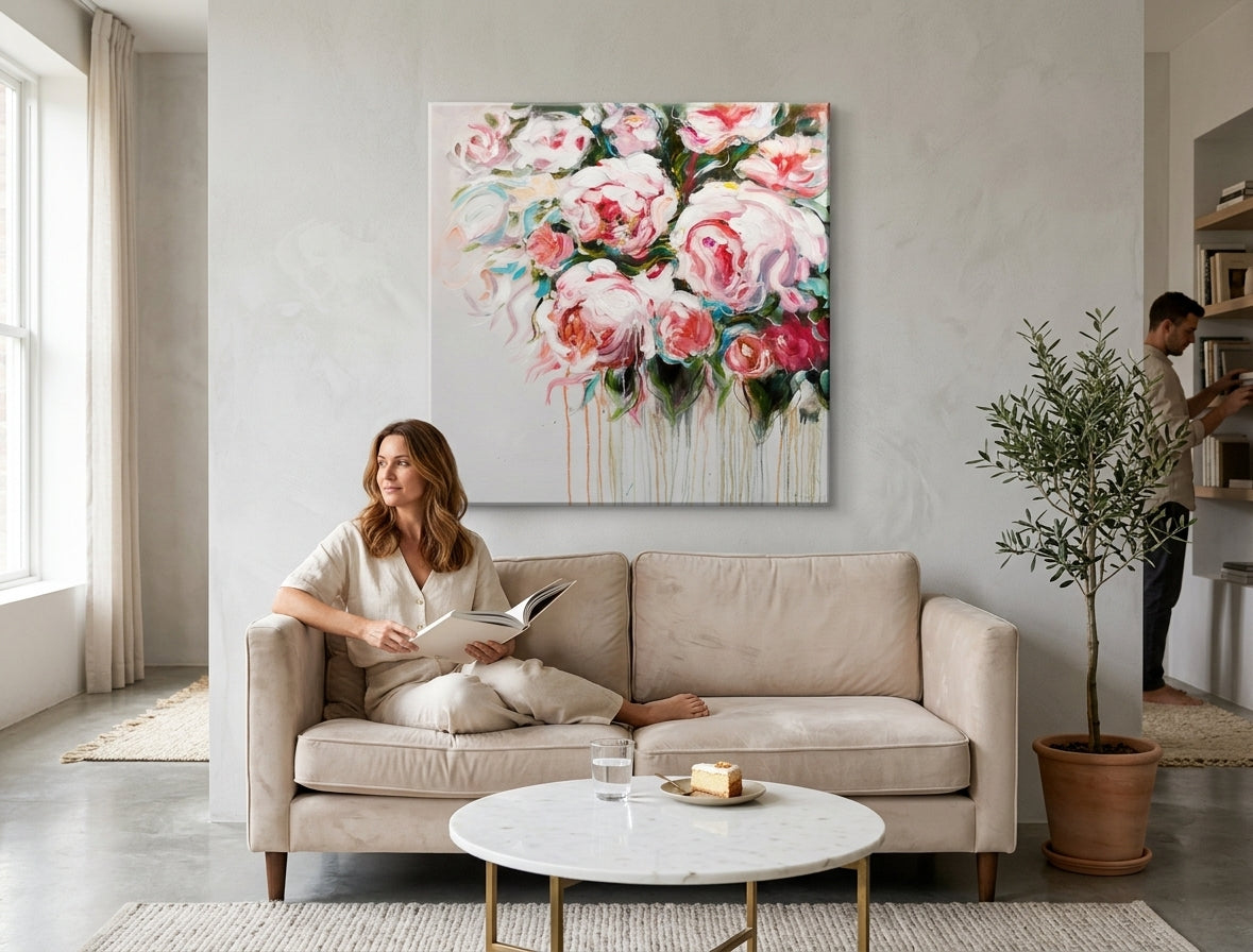 Poslikana slika za steno ROŽE 70x70 cm – ročno poslikana slika v elegantnem interierju (Golden hour luxe) | wall mockup | premium platno | Papilora.sk