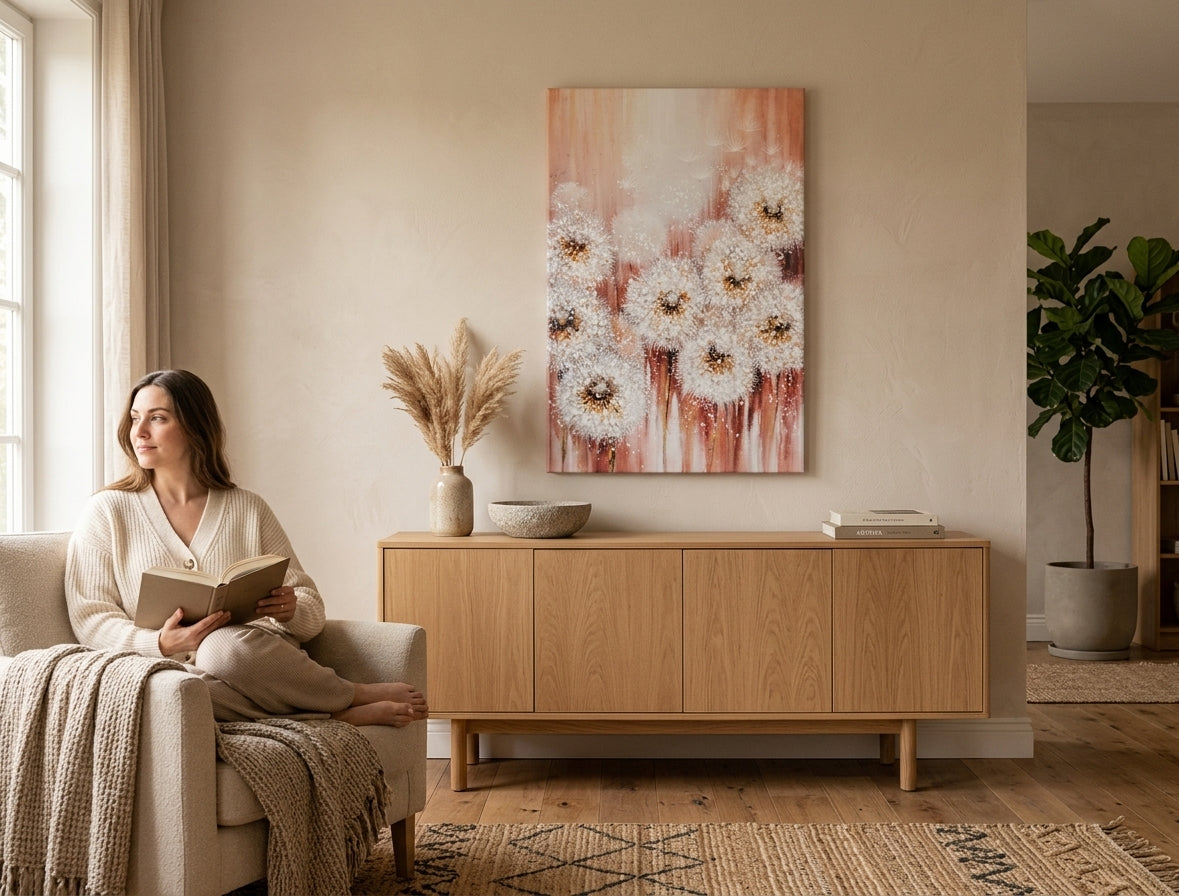 Poslikana slika za steno ROŽE 60x90 cm – ročno poslikana slika v elegantnem interjerju (Bohemian warm) | wall mockup | premium platno | Papilora.sk