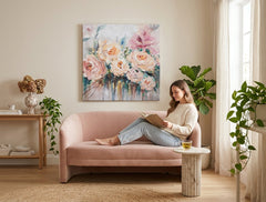 Poslikana slika za steno ROŽE 100x100 cm – ročno poslikana slika v elegantnem interierju (Mid-century warm) | wall mockup | premium platno | Papilora.sk
