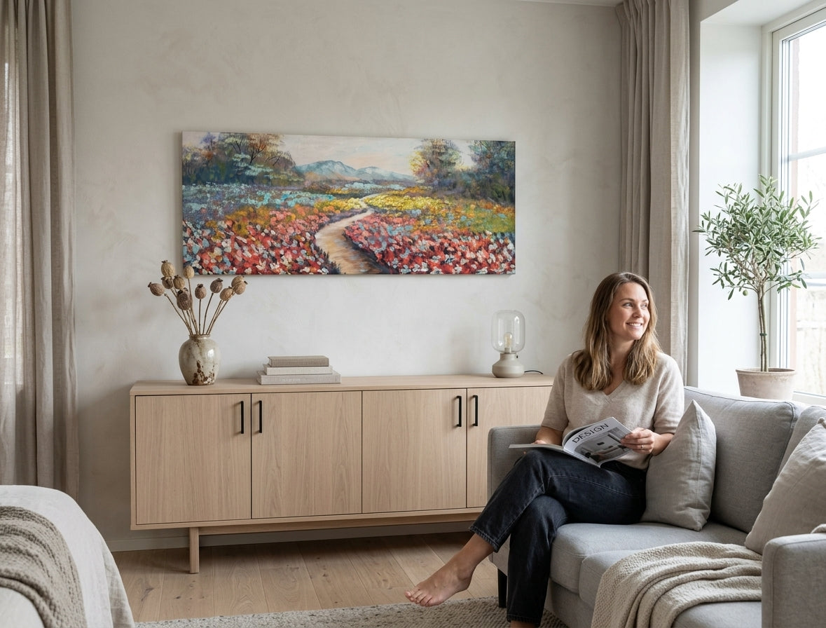 Poslikana slika na steno POKRAJINA 100x40 cm – ročno poslikana slika v elegantnem interierju (Modern coastal) | wall mockup | premium platno | Papilora.sk