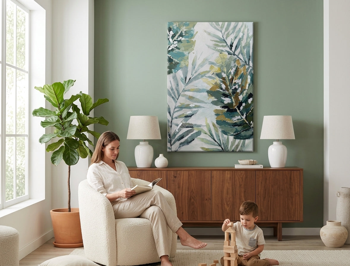 Poslikana slika na steni LISTI 60x90 cm – ročno poslikana slika v elegantnem interierju (Mid-century warm) | wall mockup | premium canvas | Papilora.sk