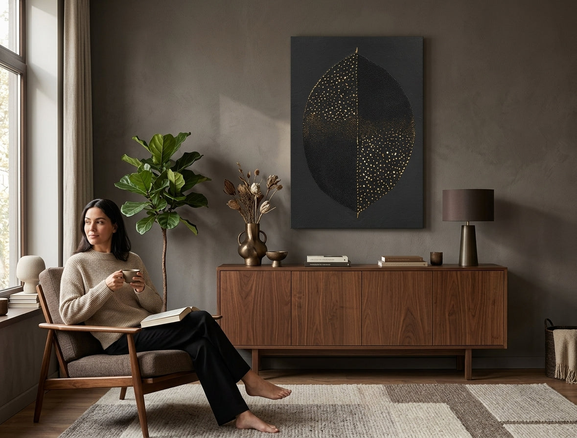 Poslikana slika za steno LIST 60x90 cm – ročno poslikana slika v elegantnem interjerju (Bohemian warm) | wall mockup | premium platno | Papilora.sk