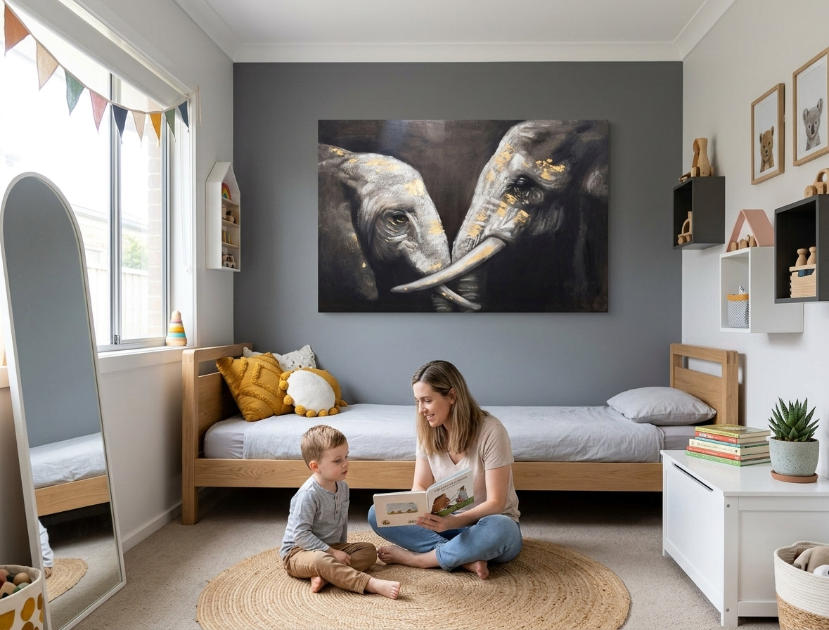 Poslikana slika za steno SLONI 120x80 cm – ročno poslikana slika v elegantnem interierju (Golden hour luxe) | wall mockup | premium canvas | Papilora.sk
