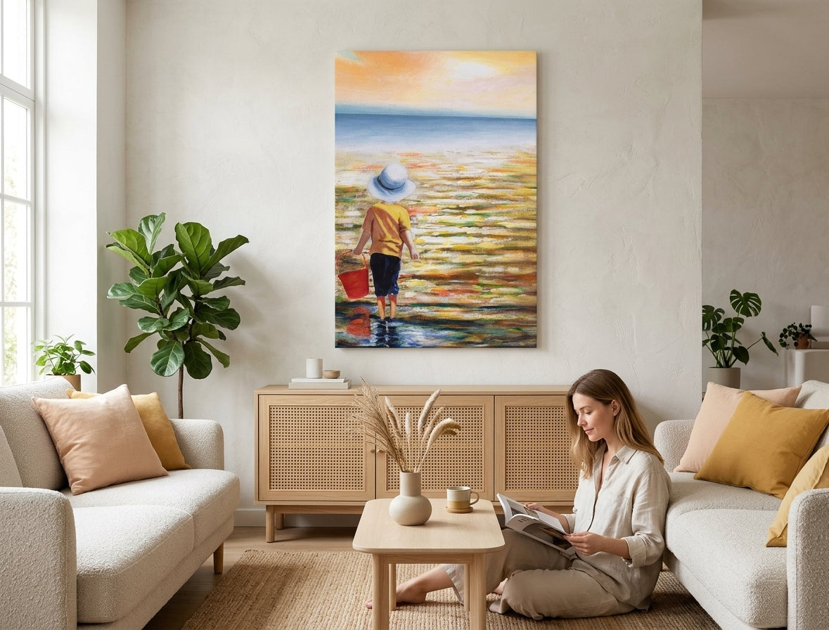 Poslikana slika na steno MORJE 60x90 cm – ročno poslikana slika v elegantnem interierju (Bohemian warm) | wall mockup | premium canvas | Papilora.sk
