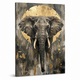 Veličasten portret afriškega slona na platnu s 3D teksturo in zlatimi detajli, prikazan na lesenem okvirju, Papilora Premium Art.