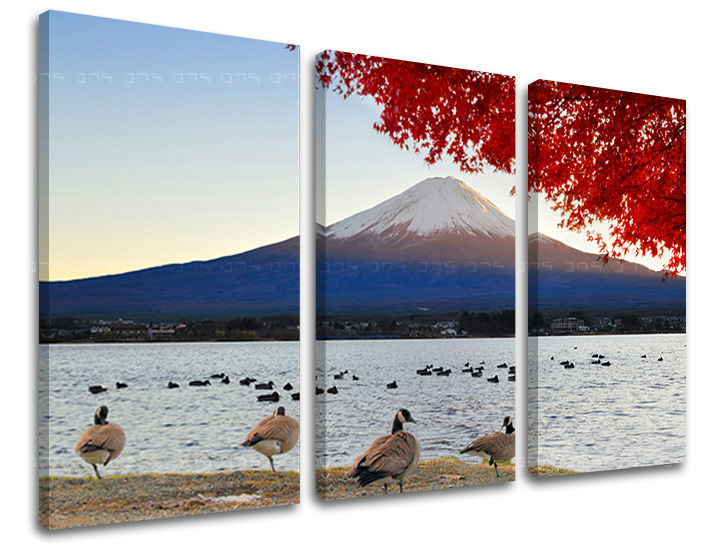 Slika na platnu z motivom gosi ob jezeru in gora fuji – 3D prikaz platna z vidnim lesenim okvirjem, Papilora.
