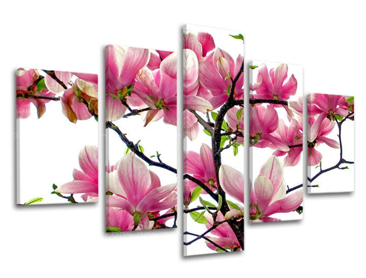 Slika na platnu z motivom rožnate magnolije na vejah – 3D prikaz platna z vidnim lesenim okvirjem, Papilora.