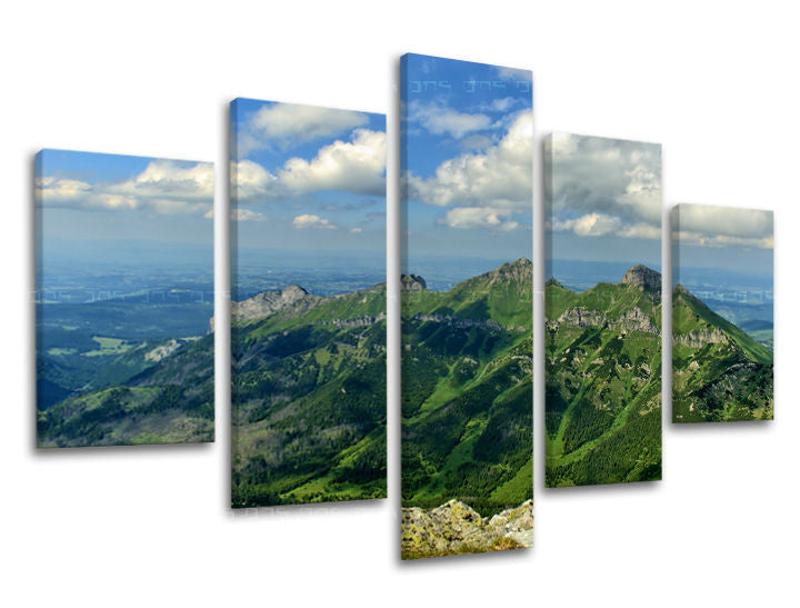 Slika na platnu z motivom zelene gore pod modrim nebom – 3D prikaz platna z vidnim lesenim okvirjem, Papilora.