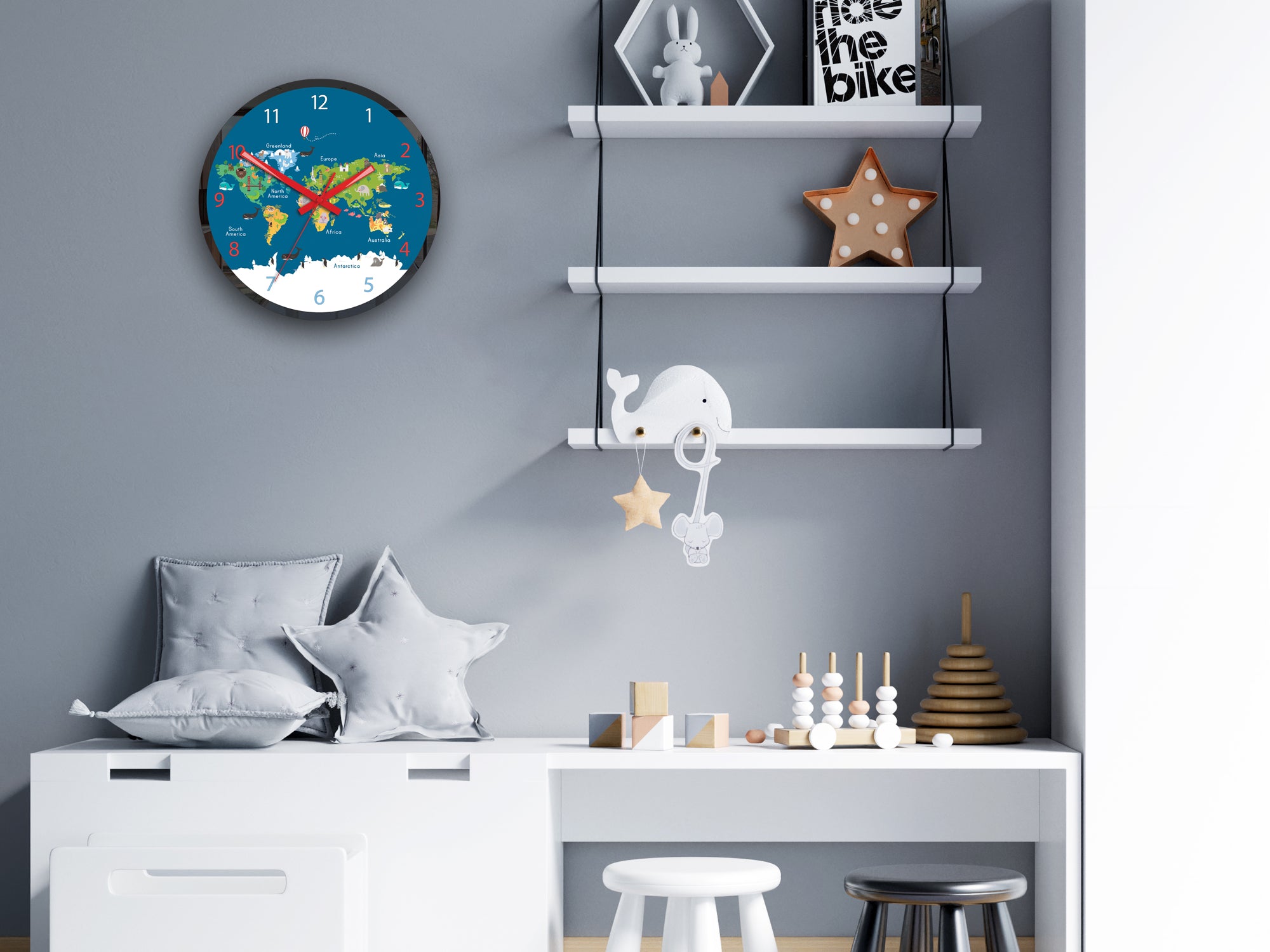 Otroška stenska ura Svetovni zemljevid