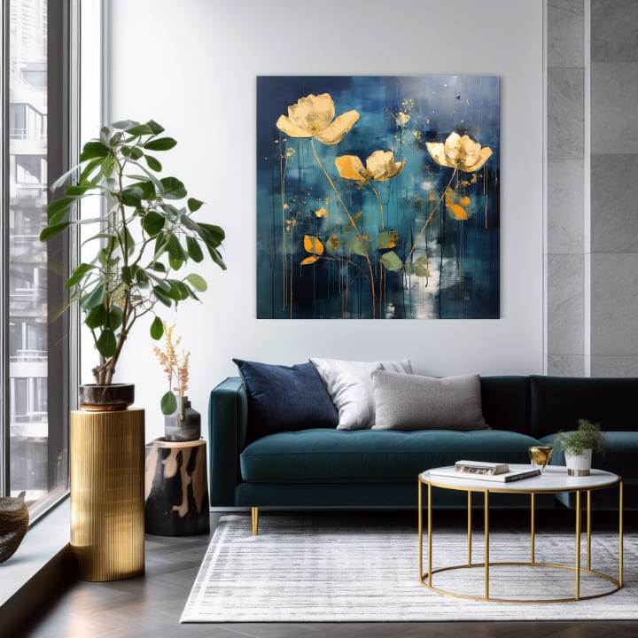 Brezčasna eleganca na platnu Zlata pokrajina v modrih tonih | različne dimenzije