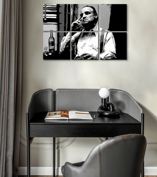 Največji gangsterji na platnu THE GODFATHER - VITO CORLEONE s steklenico viskija 120x80 cm