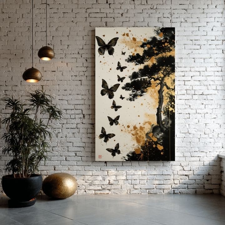 Slika na platnu Butterfly Harmony - črno-zlata oblika
