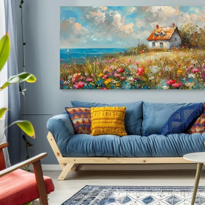 Slika pokrajine na platnu Kmečka hiša v cvetju | Akrilne podrobnosti