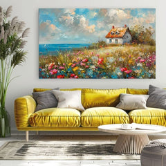 Slika pokrajine na platnu Kmečka hiša v cvetju | Akrilne podrobnosti