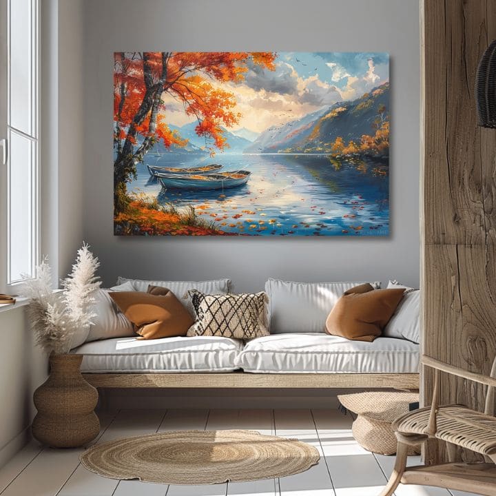 Pokrajinsko slikarstvo na platnu Jesenski listi ob jezeru | Akrilne podrobnosti