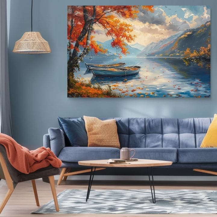 Pokrajinsko slikarstvo na platnu Jesenski listi ob jezeru | Akrilne podrobnosti