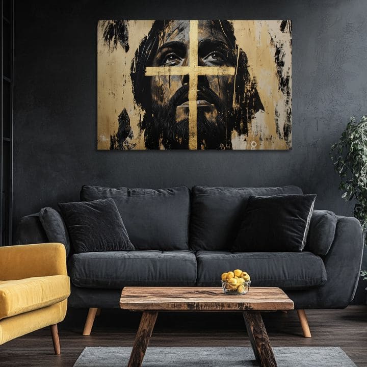 Jezus Odrešenik z zlatim križem | Poslikano z akrilom in zlatimi lističi