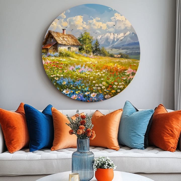 Okrogle slike z akrilom Mountain Cottage